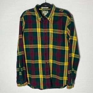 Vintage L.L. Bean Green Yellow Red Plaid Slightly Fitted Cotton Flannel Shirt L